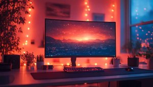 Gaming Setup Wallpaper: Red Aesthetic, Cityscape, Starry Sky Screen