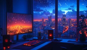 Gaming Setup Wallpaper: City Lights, Night Sky, 4K Desktop