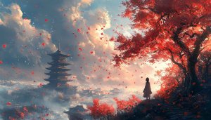 Japanese Autumn Landscape Wallpaper: Pagoda, Girl, Red Leaves 4K
