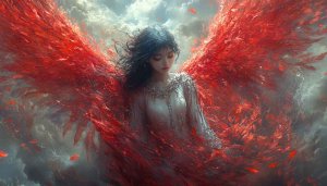 Angel Wings Wallpaper: Fantasy Girl in Red Leaves Background Art