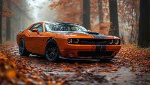 Orange Dodge Challenger Wallpaper: Car, Autumn, Road, 4K
