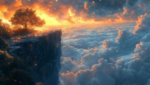 Fantasy Sky Wallpaper, Cliffside Tree, 4K Desktop Background, Dreamscape Clouds