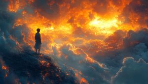 Fiery Sky Wallpaper: Man on Cliff, Dramatic Cloudscape
