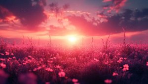 Pink Flower Field Sunset Sky Wallpaper, Romantic Landscape Background