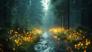 Rainy Forest Wallpaper with Fireflies, Nature Landscape, 4K