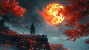 Fantasy Moon Wallpaper: Man Silhouette, Autumn Trees, Full Moon Light