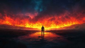 Man in Flames Wallpaper: Artistic Landscape Image for Backgrounds