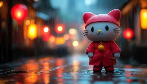 Hello Kitty Anime Wallpaper, Rainy Night, Lantern, Cute Wallpaper