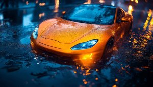Golden Car Wallpaper: Sportscar in Rain, Car Wallpaper for Desktop