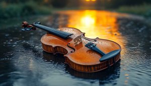 Violin Wallpaper: Artistic Musical Instrument on Water, 4K Wallpaper