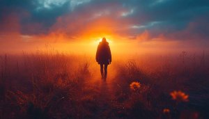 Sunrise Wallpaper: Woman Walking in Foggy Golden Field Scenery