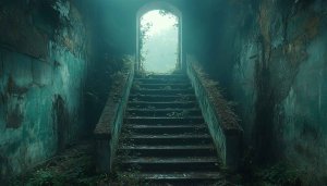 Mysterious Stairway Wallpaper, Abandoned Architecture, Misty Scenery Photo