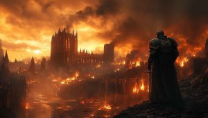 Burning City Knight Wallpaper, Fantasy Medieval Fire 4k Wallpaper