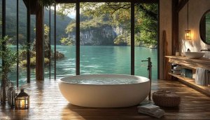 Bathroom wallpaper: Nature View, Lake, Wooden Design, Relaxing, Scenic, 4K