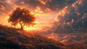 Fantasy Landscape Wallpaper: Tree, Sunset Sky, Clouds Scenery Wallpaper