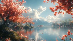 Cherry blossom wallpaper, lake wallpaper, spring wallpaper, nature wallpaper