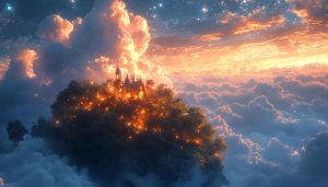 Fantasy Castle Wallpaper: Dreamy Cloudscape, Sky, Stars, 4k Wallpaper