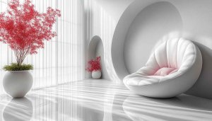 Modern Minimalist Interior Wallpaper: Red Tree, White Chair, Light Room