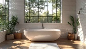 Luxury Bathroom Wallpaper: Modern Bathtub, Nature View, Interior Design