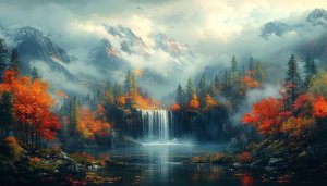 Autumn Mountain Waterfall Wallpaper: 4K Nature Desktop Background