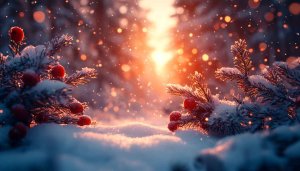 Winter Wallpaper: Snowy Pine Branches and Berries in Warm Light