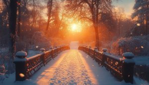 Winter Wallpaper: Snowy Bridge at Sunrise Scenic Desktop Background