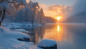 Winter Wonderland Lake Scenery Wallpaper, Snowy Landscape, Sunrise Lake