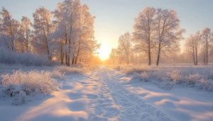 Winter Landscape Wallpaper: Snowy Trees, Sunrise Scenery Backgrounds, 4K