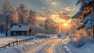 Winter Cabin Wallpaper: Snowy Landscape, Sunset Scenery, 4k Background