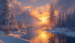 Winter Sunset Wallpaper: Snowy Mountain and River 4K
