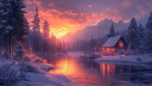 Winter Cabin Wallpaper, Snowy Landscape Background, Mountain 4K
