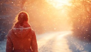Winter Wallpaper: Woman in Snow, Warm Light, 4K Resolution