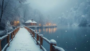 Winter Wonderland Wallpaper: Snowy Landscape, Lake, Cabin, Scenery, 4K