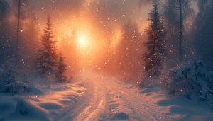 Winter Wallpaper: Snowfall Scene, Forest Path and Sunset Glow