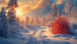 Winter Scenery Wallpaper: Snowy Forest, Red Bush, Sunset Mountain
