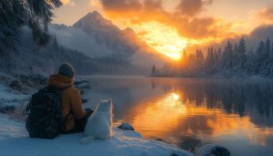 Winter Scenery Wallpaper: Lake, Mountain, Sunset, Snow, Dog, Person