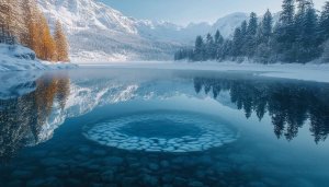 Winter Mountain Lake Wallpaper: Snow, Trees and Underwater Circle