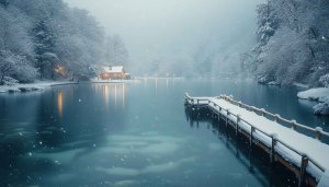 Winter Lake Wallpaper: Cabin, Snow, Forest, 4K Wallpaper