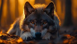 Majestic Wolf Wallpaper: Fierce Eyes, Forest Backdrop, Wildlife Animal