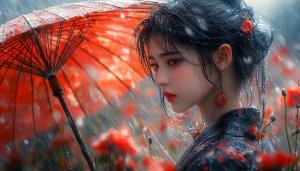 Asian Girl Rainy Day Wallpaper, Umbrella, 4K, Desktop Background