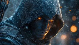 Fantasy Archer Wallpaper: Hooded Figure, Glowing Eyes, 4K Desktop Background