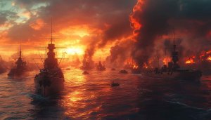 Warship Wallpaper: Naval Battle at Sunset, 4k Wallpaper For PC