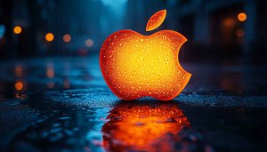Apple Logo Wallpaper: Glowing Tech Symbol in the Rain