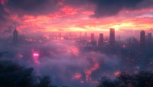 Pink Sky Cityscape Wallpaper, Urban Sunset, Modern City Wallpaper