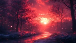 Red Forest Wallpaper, Fantasy Landscape Wallpaper, River Wallpaper, Sunset Wallpaper