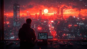 Cyberpunk City Wallpaper: Man Coding with Red Cityscape Background