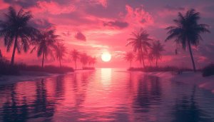 Pink Sunset Palm Tree Beach Scenery Wallpaper for Desktop