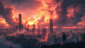 Dramatic Cityscape Wallpaper: Fiery Sky, Urban Landscape, 4K Resolution