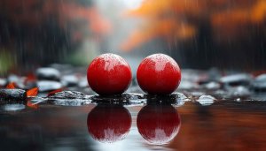 Rain Wallpaper: Red Spheres, Water Reflection, Autumn, Nature - 4K