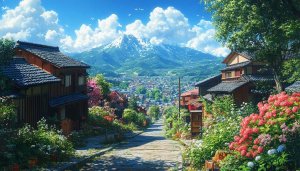 Japanese Village Wallpaper: Mountain View, Scenic Landscape, 4K Resolution